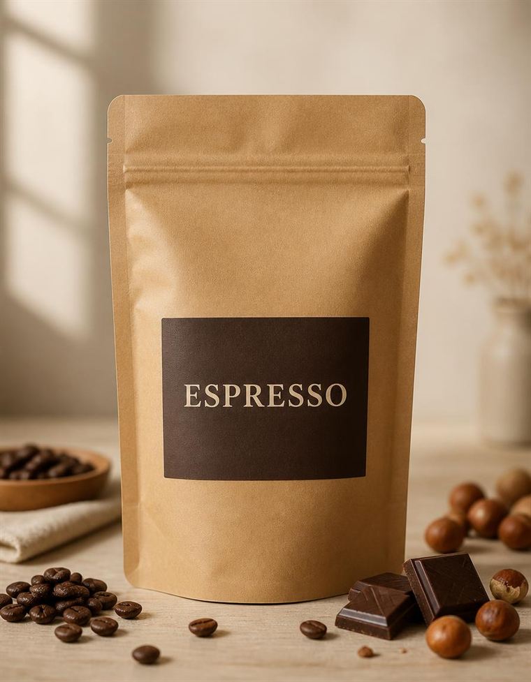 Espresso Elbmischung: Kraftpapier-Tüte mit dunkelbraunem Etikett, daneben Zartbitterschokolade und Haselnüsse