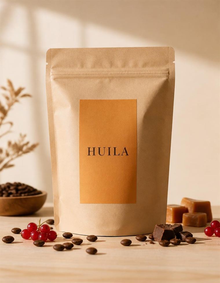 Kolumbien Huila: Kraftpapier-Tüte mit bernsteinfarbenem Etikett, daneben rote Johannisbeeren, Karamell und Kakao