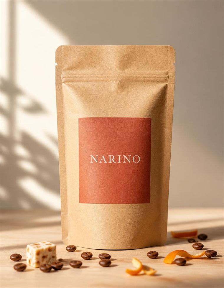 Kolumbien Nariño: Kraftpapier-Tüte mit terrakottafarbenem Etikett, daneben Orangenschale und Nougat