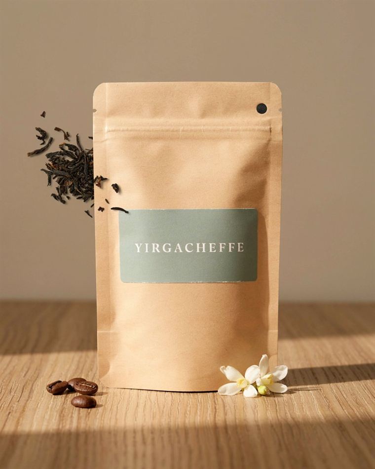 Äthiopien Yirgacheffe: Kraftpapier-Tüte mit salbeigrünem Etikett, daneben schwarzer Tee und Jasminblüten